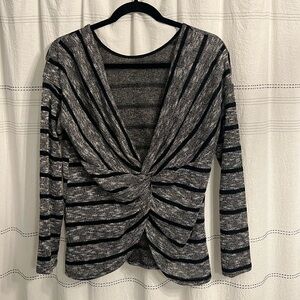 Gently used lush cross back light weight sweater in gray and black stripe